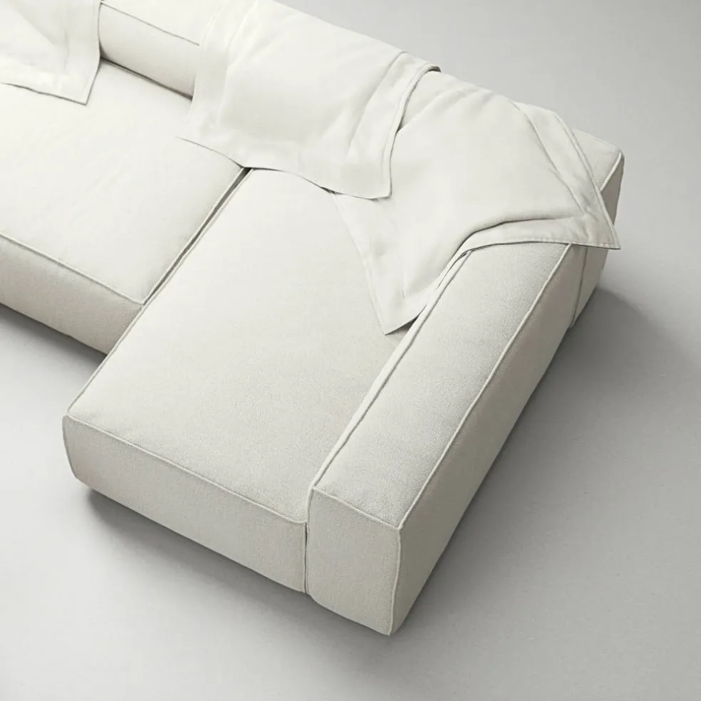 Grand 4-Sitssoffa Divan Höger öppet avslut Med Fotpall Bouclétyg, Steam White