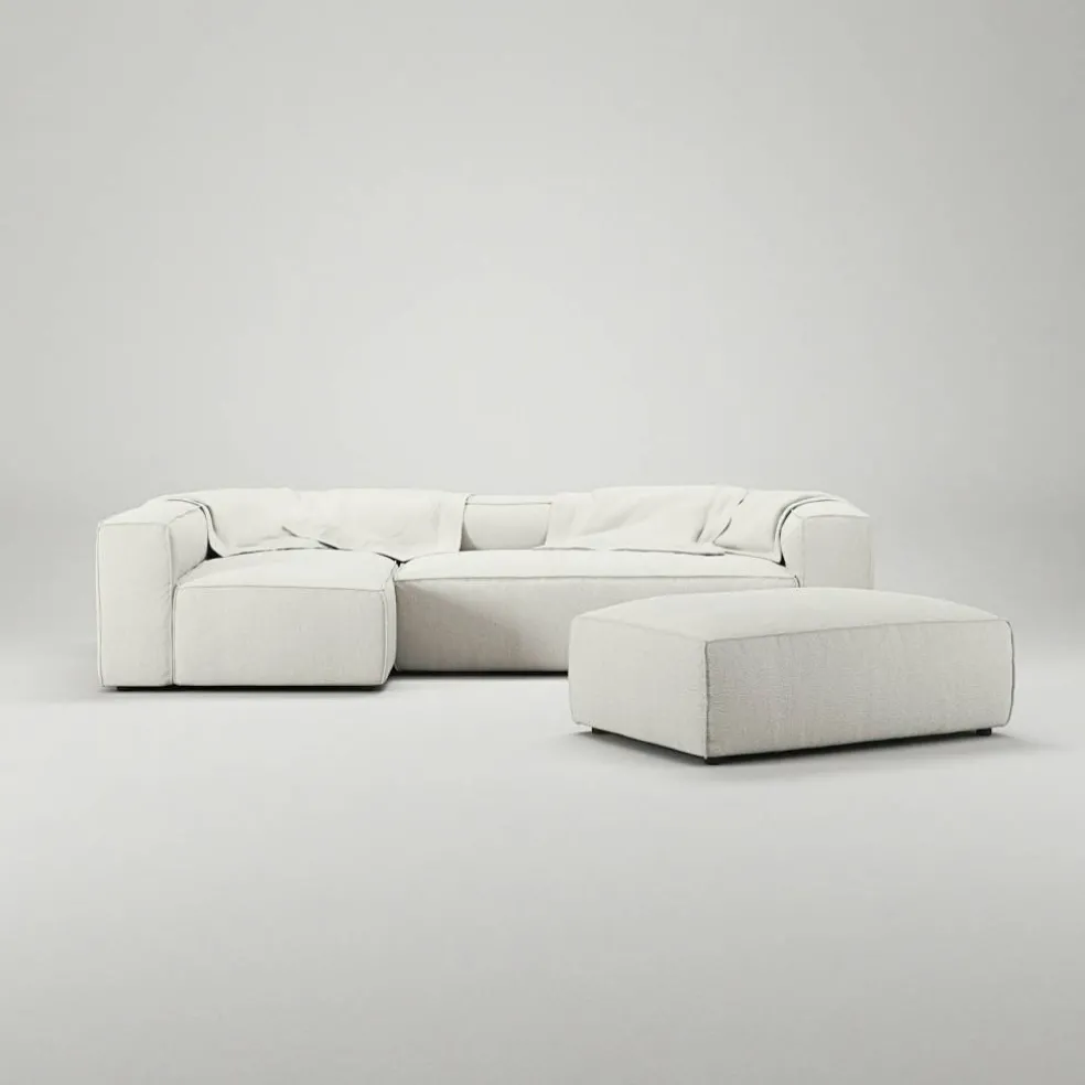 Grand 4-Sitssoffa Divan Vänster öppet avslut Med Fotpall Bouclétyg, Steam White