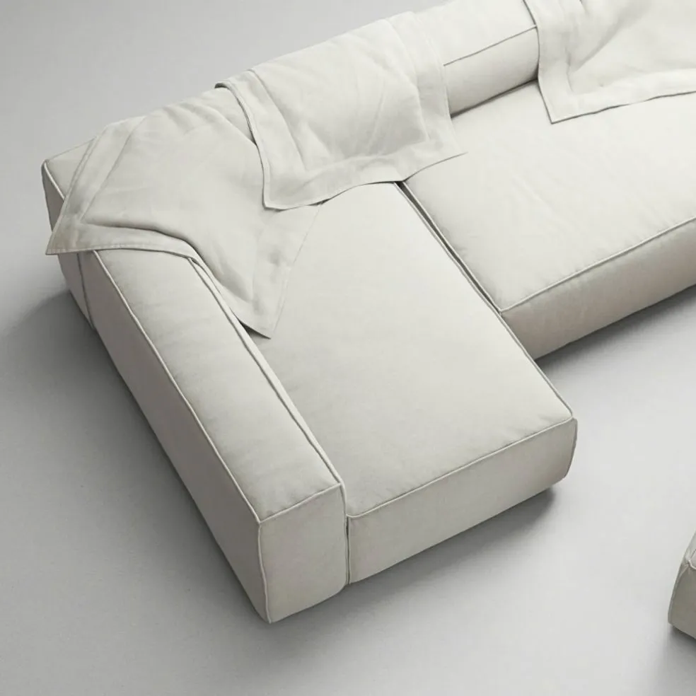 Grand 4-Sitssoffa Divan Vänster öppet avslut Med Fotpall Minetyg, Moon White