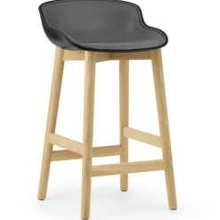 Hyg Barstol 75 cm, Klädd Framsida, Svart Läder / Ek