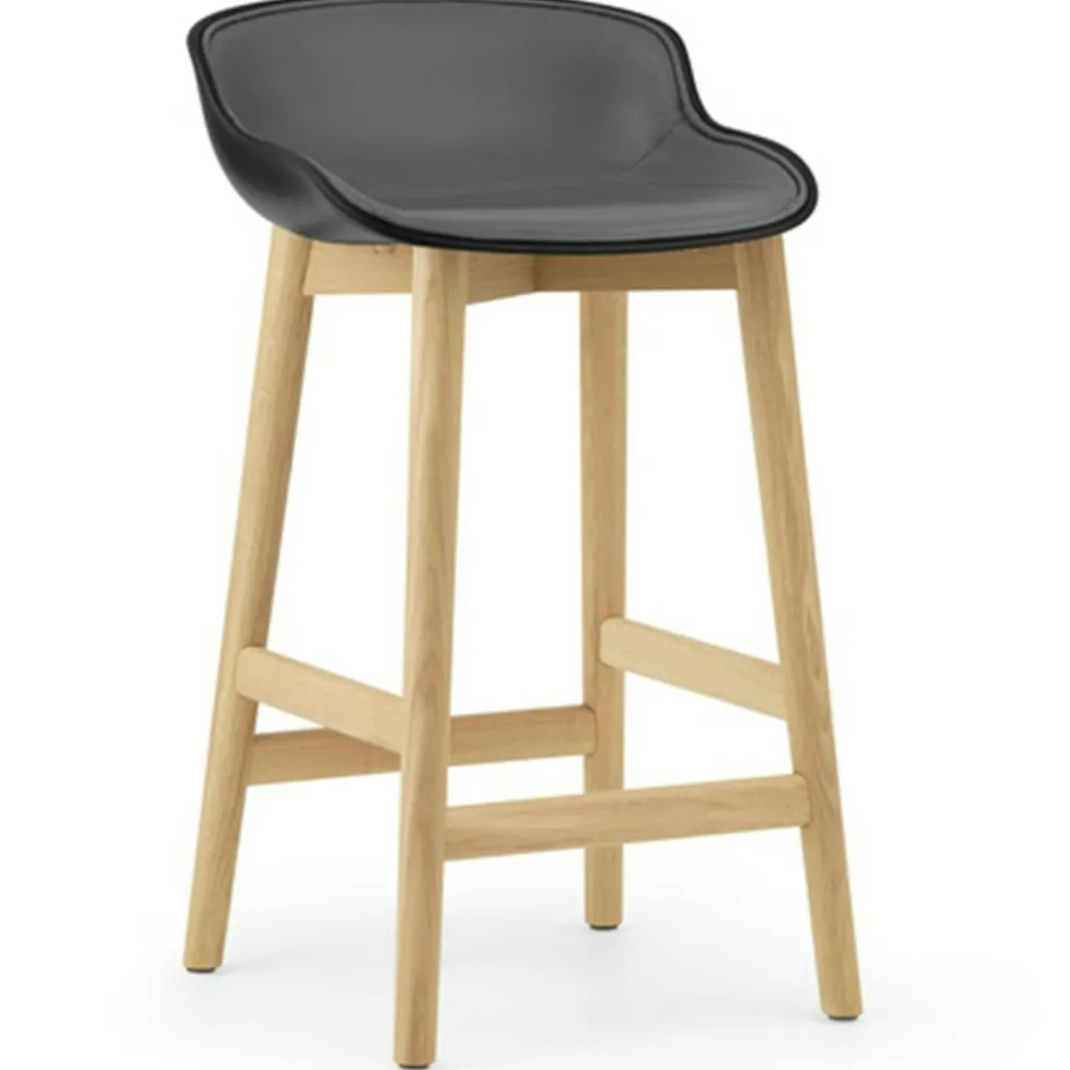 Hyg Barstol 75 cm, Klädd Framsida, Svart Läder / Ek