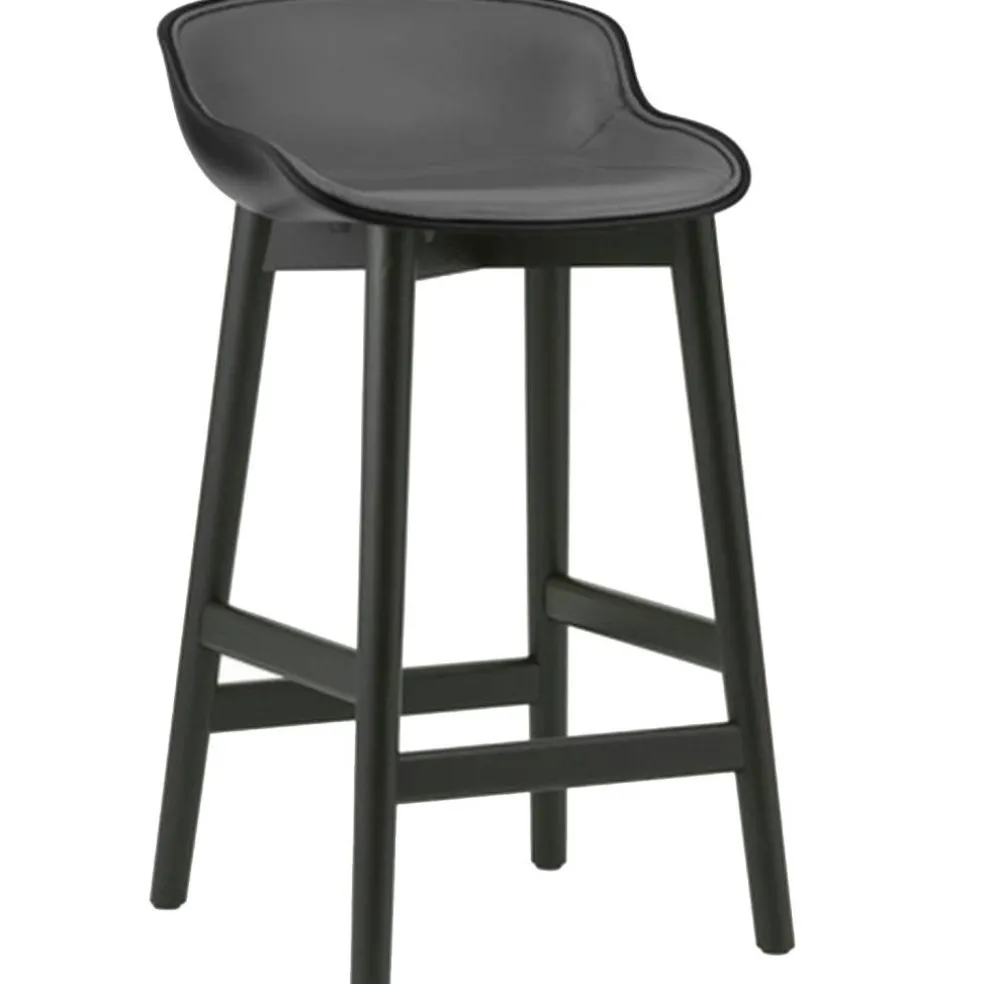 Hyg Barstol 75 cm, Klädd Framsida, Svart Läder / Svart Ek