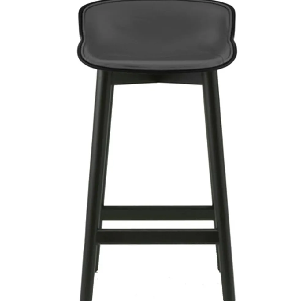 Hyg Barstol 75 cm, Klädd Framsida, Svart Läder / Svart Ek