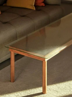 Kofi Soffbord 140x50 cm, Vattenbaserad Lackad Ek / Klart Glas