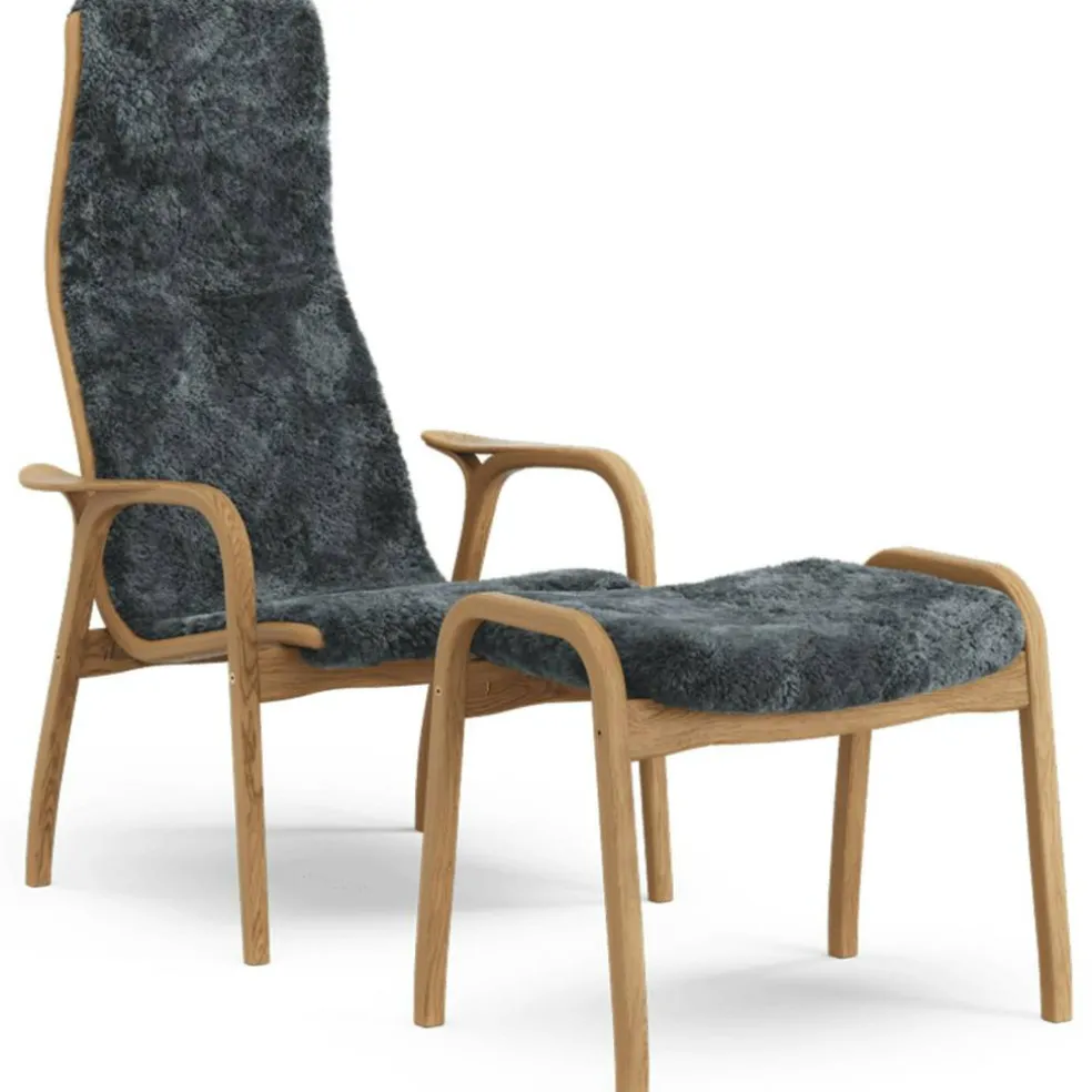 Lamino Fåtölj Med Fotpall Fårskinn, Charcoal / Oljad Ek