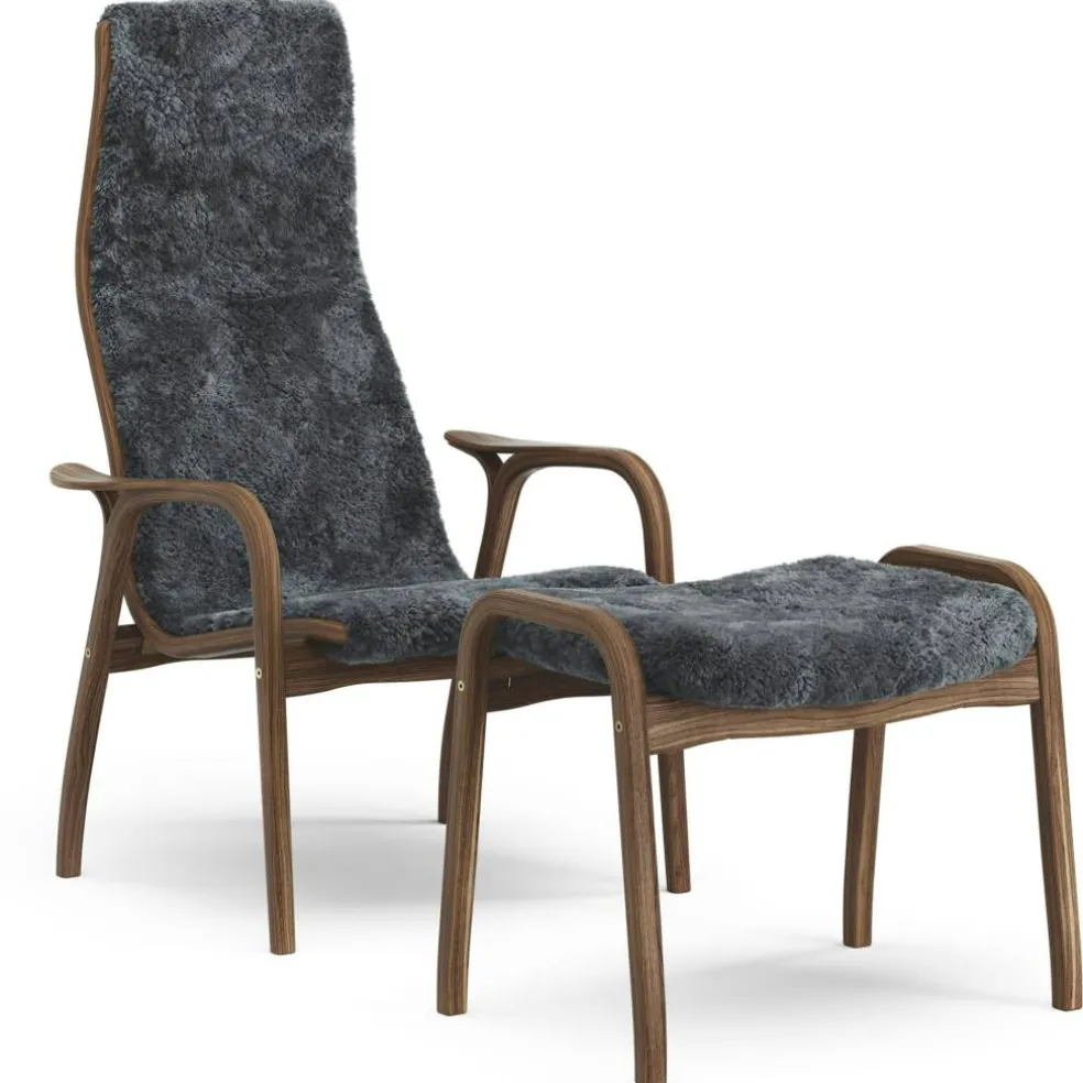 Lamino Fåtölj Med Fotpall, Naturlackerad Valnöt / Fårskinn Charcoal