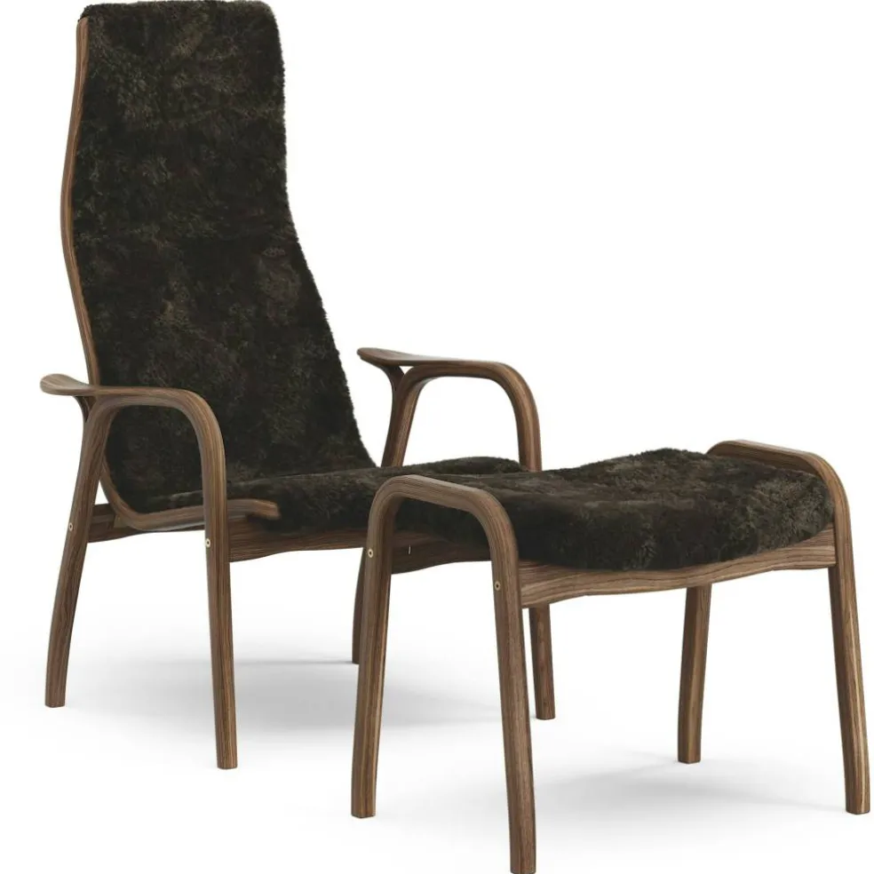 Lamino Fåtölj Med Fotpall, Naturlackerad Valnöt / Fårskinn Espresso